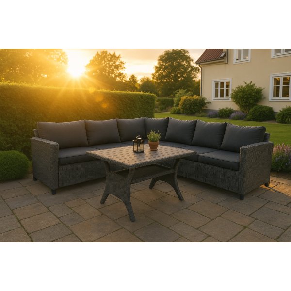 Tor utesoffgrupp med matbord i rotting - Gr� konstrotting