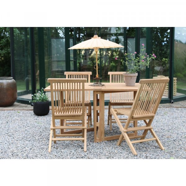 Salt� utomhusmatgrupp med klaffbord och 4 Salt� matstolar � Teak