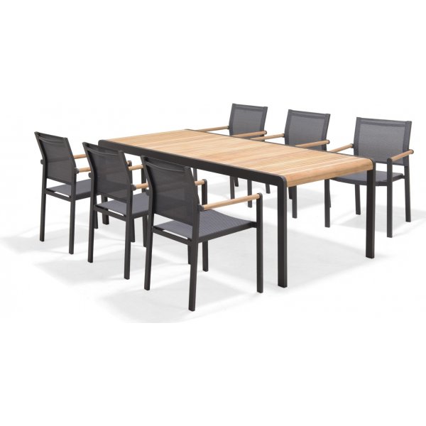 Lifestyle Garden utegrupp Amber med bord 220 cm och 6 st stolar stapelbara - Teak / Aluminium