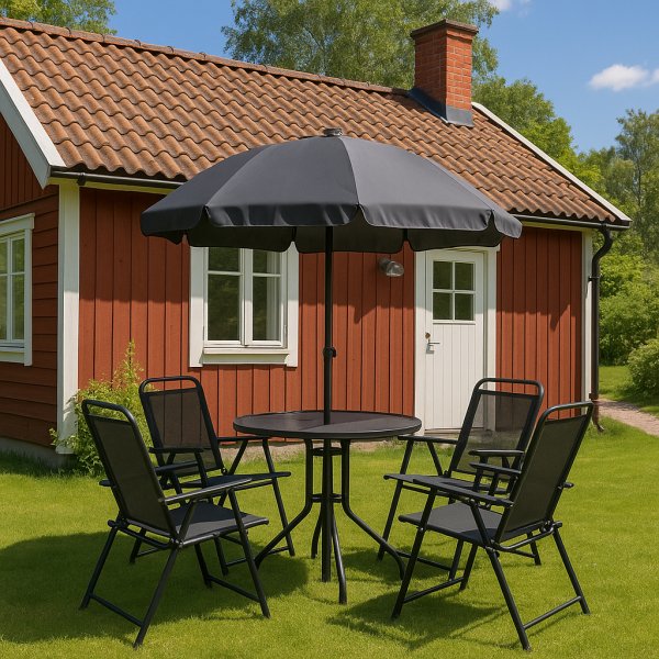 V�xj� utegrupp komplett med bord, 4 stolar och parasoll