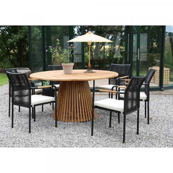 Salt� utomhusmatgrupp runt bord �150 cm med 6 Skan�r karmstolar � Teak/Svart
