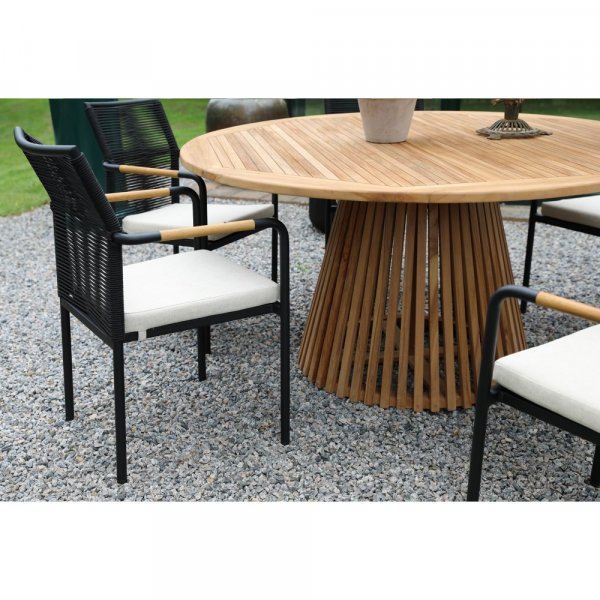 Salt� utomhusmatgrupp runt bord �150 cm med 6 Skan�r karmstolar � Teak/Svart